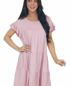 Eesome Carnation Pink Flutter Sleeve Tiered Dress