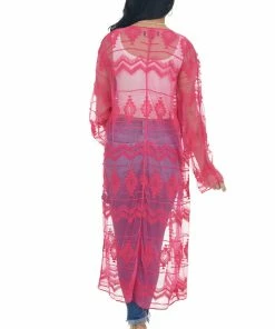 Lucky And Blessed Tops Hot Pink Tribal Lace Open Front Long Sleeve Kimono