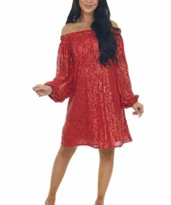 Vine & Love Lipstick Red Sequin Off Shoulder A Line Dress
