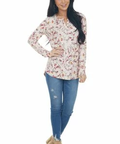 Staccato Blush Floral Print Notch Neck Ribbed Knit Top 27 Staccato Blush Floral Print Notch Neck Ribbed Knit Top
