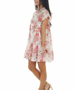 Bighit Fashion Ivory Floral Print Babydoll Short Dress With Short Sleeves Dresses