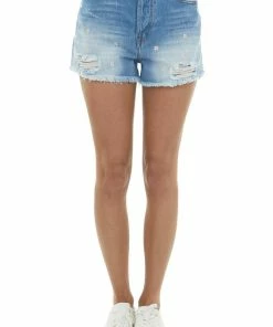 Easel Dark Wash High Rise Flower Embroidered Shorts