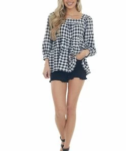 Entro Black And Off White Gingham Print Woven Top