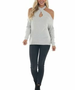 Lime Lush Dove Grey Long Sleeve Halter Neck Lightweight Sweater Tops