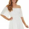 Peach Love Dresses Pearl Off Shoulder Swiss Dot Woven Short Dress