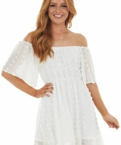 Peach Love Dresses Pearl Off Shoulder Swiss Dot Woven Short Dress