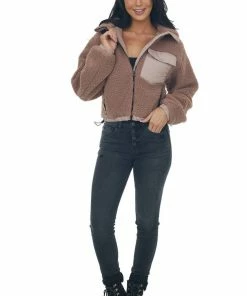 Style Melody Rose Taupe Mock Neck Hooded Cozy Teddy Jacket