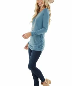 Vanilla Bay Ocean Blue Long Raglan Sleeve Top With Ruching Details Tops 29 Vanilla Bay Ocean Blue Long Raglan Sleeve Top With Ruching Details Tops