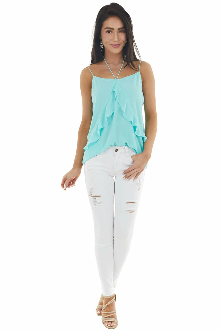 NAKED ZEBRA Turquoise Halter Neckline Sleeveless Woven Ruffle Camisole 14 NAKED ZEBRA Turquoise Halter Neckline Sleeveless Woven Ruffle Camisole