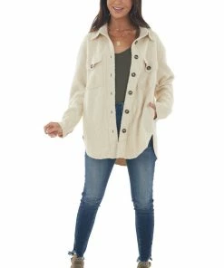 Kori America Cream Shearling Texture Button Up Shirt Jacket Tops