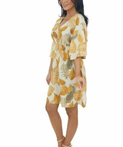 Entro Dresses Ivory And Amber Leaf Print Half Sleeve Dress