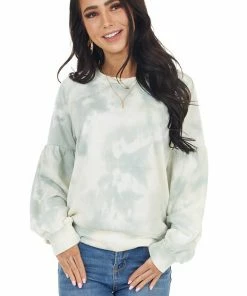Lush Clothing Sage And Cream Tie Dye Top With Long Drop Shoulder Sleeves Tops