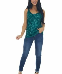 Main Strip Tops Dark Pine Sequin Sleeveless Cowl Neck Tank
