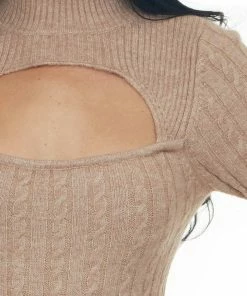 Lush Clothing Latte Cable Knit Sweater With Chest Cut Out Tops