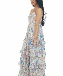 Peach Love Off White Floral Print Ruffle Tier Maxi Dress