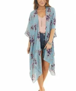 ANGIE Teal Floral Print Half Sleeve Kimono With Side Slits