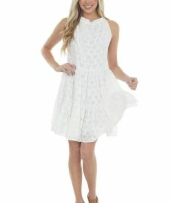 Sweet Lovely Dresses Ivory Jacquard Textured Tiered Dress With Halter Neckline