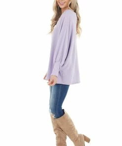 Veveret Tops Lavender Oversized Boat Neck Top With Long Dolman Sleeves