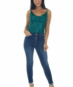 Main Strip Tops Dark Pine Sequin Sleeveless Cowl Neck Tank
