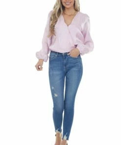 Entro Tops Dusty Blush Surplice Shimmery Bodysuit