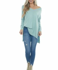 ZENANA Tops Mint Oversized High Low Hem Knit Tunic Top