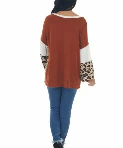 Haptics Tops Rust And Leopard Print Long Sleeve Knit Top