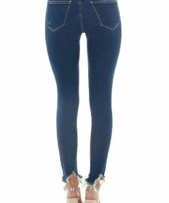 Special A Bottoms Medium Dark Wash Mid Rise Skinny Jeans With Shark Bite Hem
