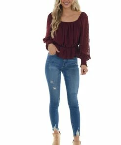 She + Sky Mahogany Long Sleeve Peplum Swiss Dot Blouse