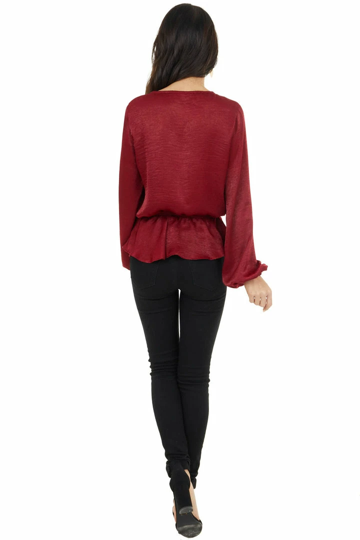 Caramela Burgundy Satin Surplice Blouse With Elastic Ruffle Hemline 11 Caramela Burgundy Satin Surplice Blouse With Elastic Ruffle Hemline