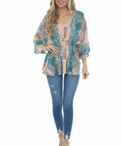 Andree Teal And Peach Floral Multiprint Peplum Top Tops