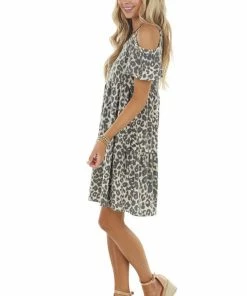 Sweet Lovely Latte Leopard Print Cold Shoulder Short Sleeve Short Dress Dresses