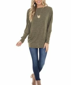 First Love Olive Dolman Sleeve Off Shoulder Top With Button Detail