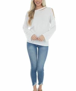 143 Story Tops Ivory Waffle Knit Long Sleeve Top With Cold Shoulder