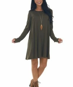 Umgee Olive Knit Long Sleeve Swing Dress 35 Umgee Olive Knit Long Sleeve Swing Dress