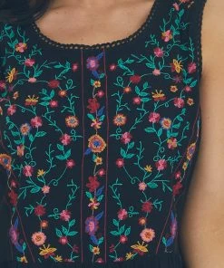 Umgee Tops Black Floral Embroidered Drop Waist Top