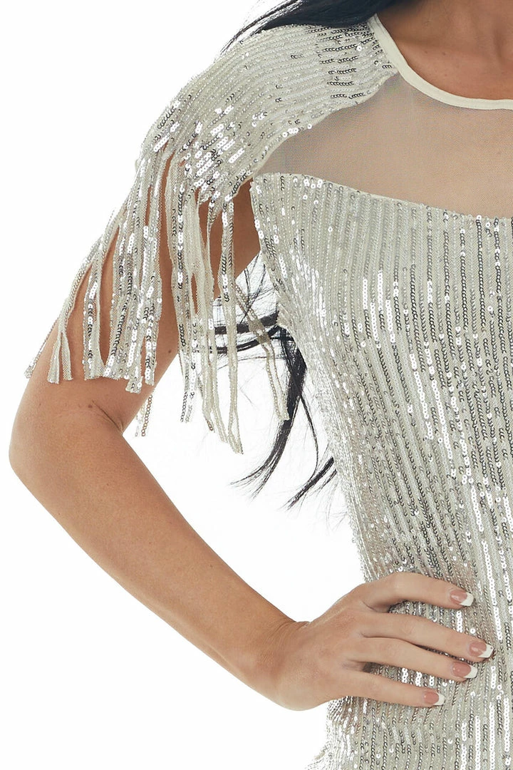 Shewin Champagne Sequin Fringe Sleeve Mesh Mini Dress 18 Shewin Champagne Sequin Fringe Sleeve Mesh Mini Dress