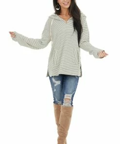 Cotton Bleu Tops Sage And Ivory Striped Long Sleeve Lightweight Hoodie