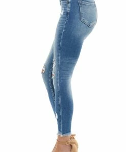 KanCan Mid Wash High Rise Shark Bite Hem Denim Jeans Bottoms