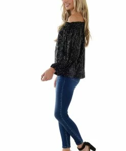 Vine & Love Black Sequined Off The Shoulder Blouse Tops