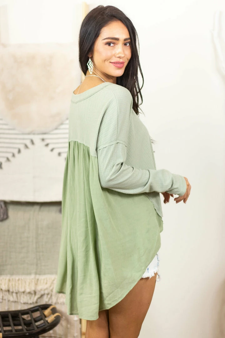 Entro Pistachio Long Sleeve High Low Knit Top With Woven Contrast 13 Entro Pistachio Long Sleeve High Low Knit Top With Woven Contrast