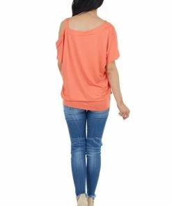 Ninexis Tops Bright Coral Knit Tunic Top With Single Cold Shoulder