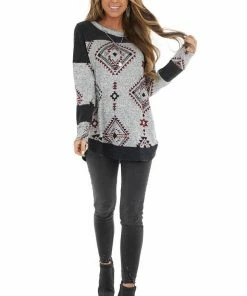 RAE MODE Black Two Tone Aztec Print Knit Top With Raw Edge Details