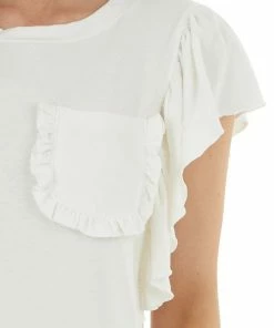 Ces Femme Vanilla Short Ruffled Sleeve Knit Top With Ruffled Pocket Tops 24 Ces Femme Vanilla Short Ruffled Sleeve Knit Top With Ruffled Pocket Tops