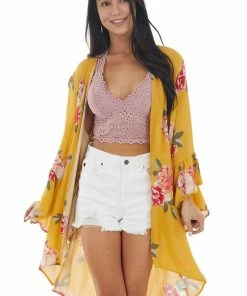 Davi & Dani Mustard Yellow Floral Print Kimono With Flare Sleeves Kimonos