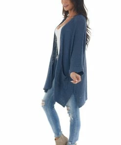 She + Sky Steel Blue Loose Sleeve Cardigan With Pockets