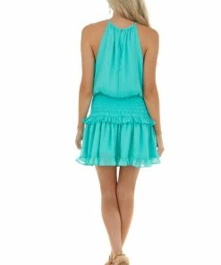 Do + Be Dresses Aquamarine Halter Mini Dress With Smocked Ruffle Detail