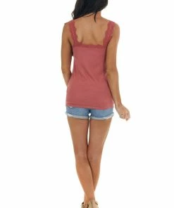 P.S. Kate Marsala Ribbed Criss Cross Neck Cami With Lace