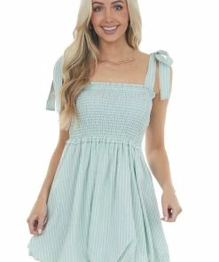 Entro Sage And Ivory Striped Sleeveless Short Dress
