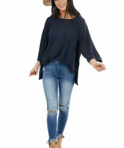 Umgee Navy Blue Ribbed Loose Top With Wide Sleeves