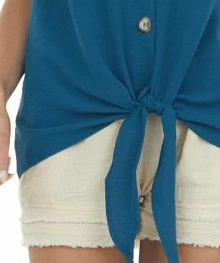 FSL APPAREL Sea Blue Short Sleeve Button Up Top With Front Tie Detail Tops